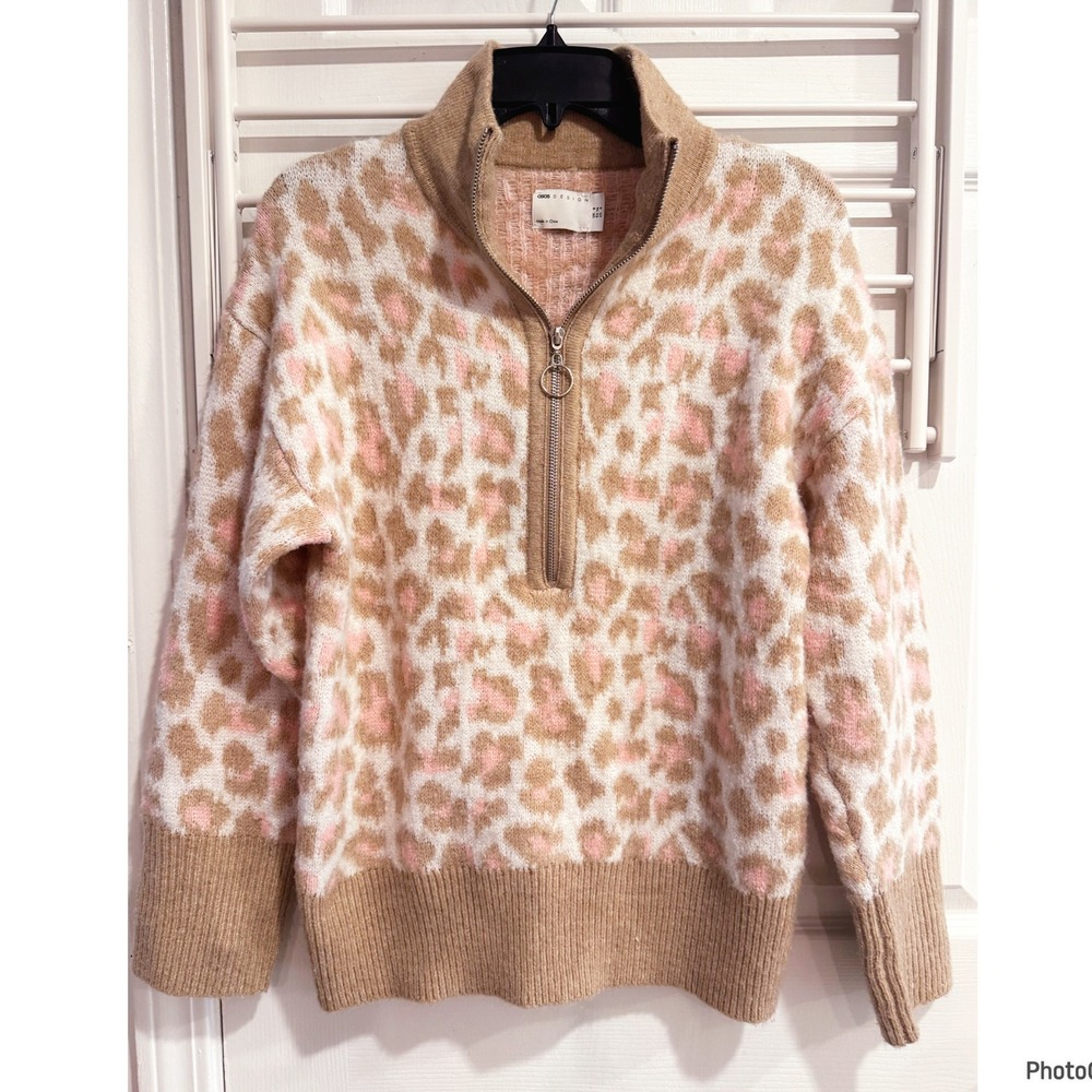 ASOS Brown Pink Leopard Print Quarter Zip Pullover Sweater Size 4 Coquette Cozy
